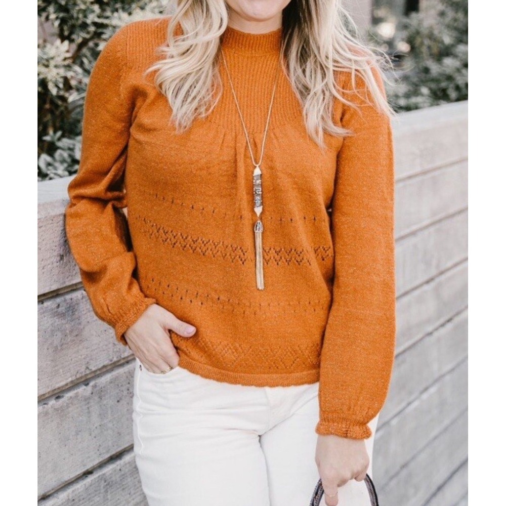 Lauren Conrad Rust Orange Knit Sweater Mock Neck Sheer Striped Balloon Sleeve‎ L